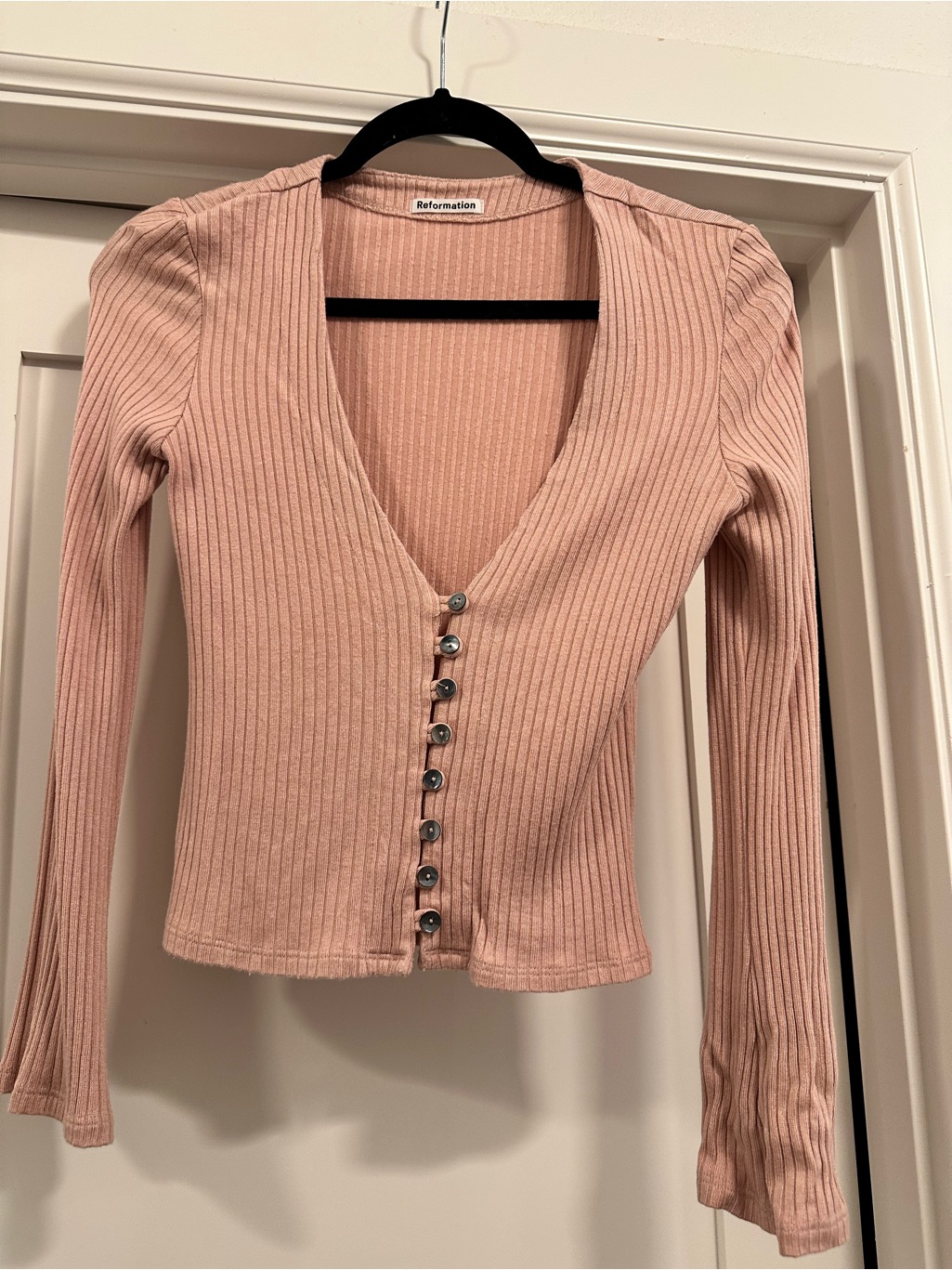 Reformation Ribbed Button-Front Pink Cardigan